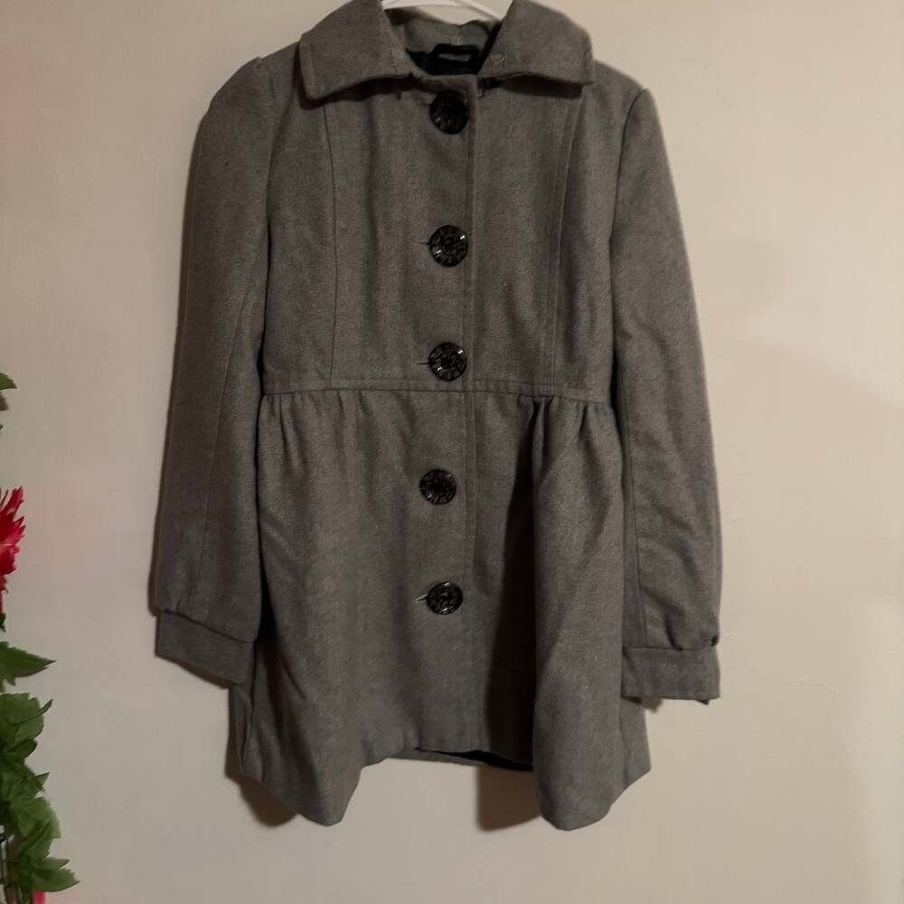 Charlotte Russe Grey Wool Blend Pea Coat with Large Buttons and Removable Faux F